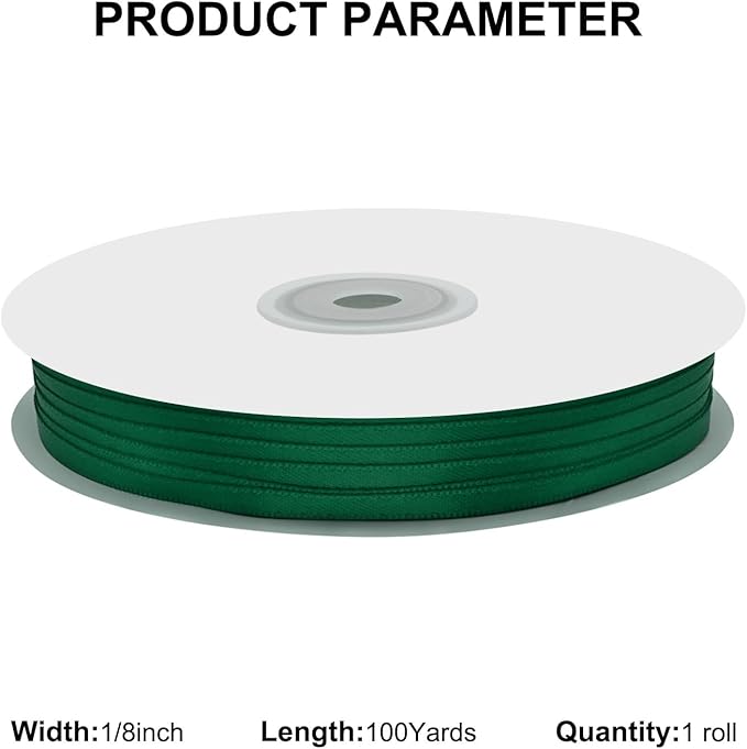 1/8" X 100 Yards Spruce Satin Thin Ribbon Solid Color Double Faced Ribbons Perfect for Crafts Wedding Decor Bow Making Arts Sewing and More