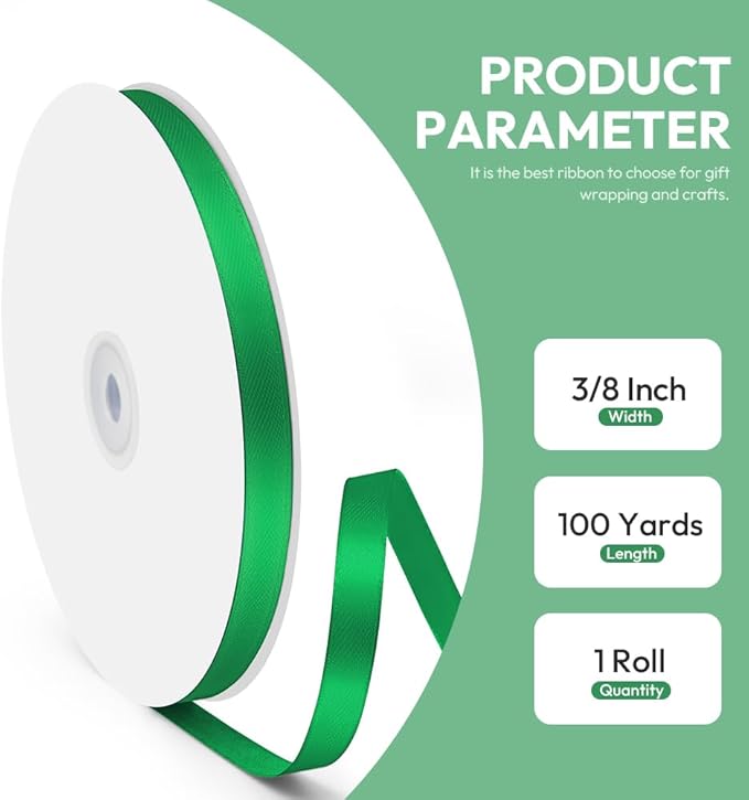3/8" x 100 Yards Satin Ribbon - Green Silk Ribbon with Spool - Ideal for Gift Wrapping, Floral Bouquets, Crafts, Wedding Party Decorations, Christmas and Sewing Projects