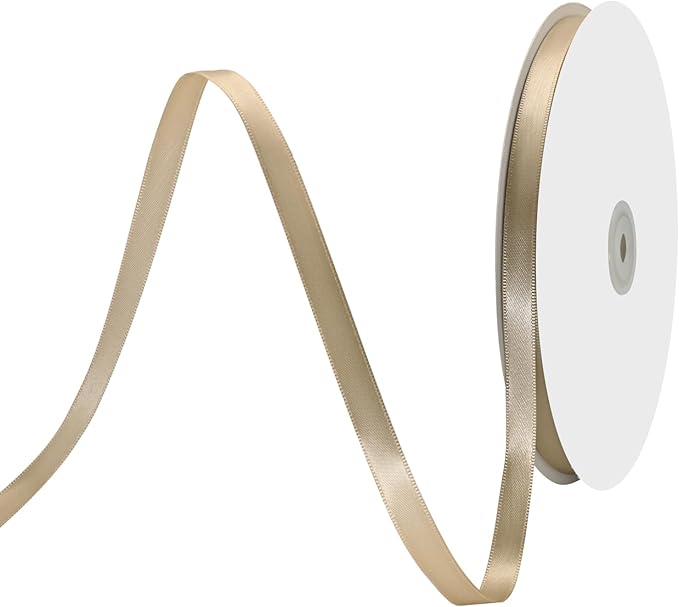 3/8" X 100 Yards Tan Satin Thin Ribbon Solid Color Double Faced Ribbons Perfect for Crafts Wedding Decor Bow Making Arts Sewing and More