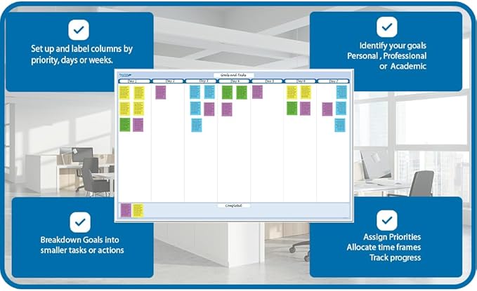 Sky Blue 7-Column Task, Goals & Objective Wall Horizontal Organizer 36" x 75". Complete with Marker