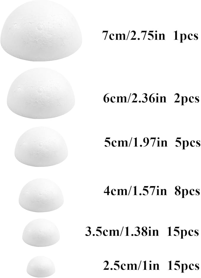 Craft Half Foam Balls 45 Pack 6 Sizes(1-2.75 Inches) White Polystyrene Half Round Balls Smooth Foam Balls Half Round for Arts and Crafts, DIY Craft for Home and Supplies School Craft Project