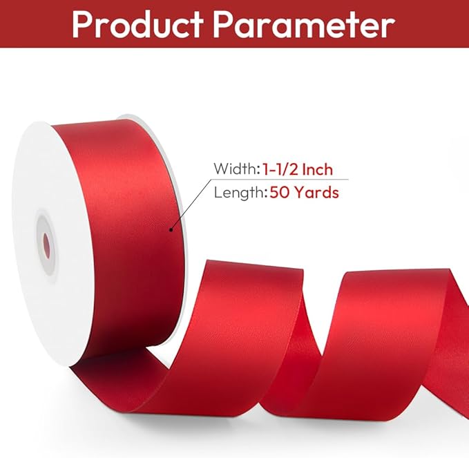 1-1/2" Width x 50 Yards Satin Fabric Ribbon, Red Ribbon Perfect for DIY Bows, Swags, Gift Wrapping, Craft, Flower Bouquet, Christmas and Party Decoration