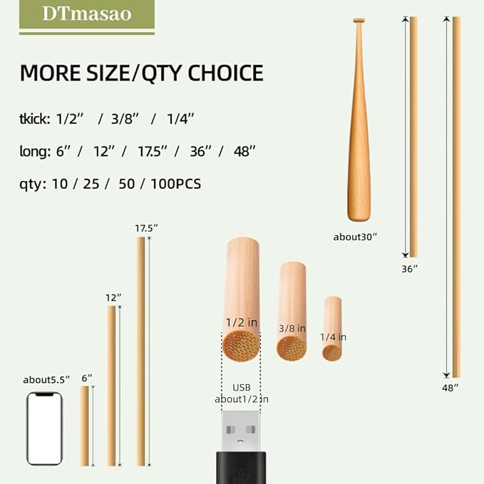 1/2 x 6 Inch 25 PCS Dowel Rods Wood Sticks Wooden Dowel Rods - Unfinished Bamboo Sticks - for Crafts and DIYers