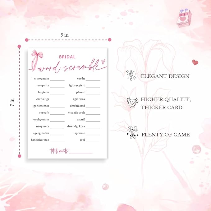 Bridal Shower Games Cards, Bridal Word Scramble, 25 Cards with 1 Answer Card, Engagement Party Games for Guests, Pink Ribbon Bow Wedding Party Supplies - E14