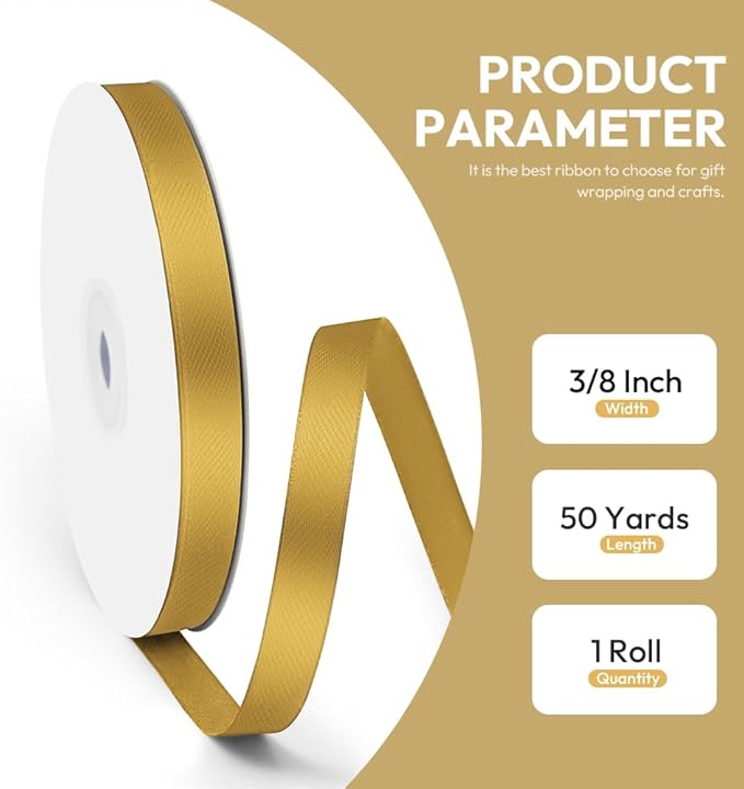 3/8" x 50 Yards Satin Ribbon - Gold Silk Ribbon with Spool - Ideal for Gift Wrapping, Floral Bouquets, Crafts, Wedding Party Decorations, Christmas and Sewing Projects