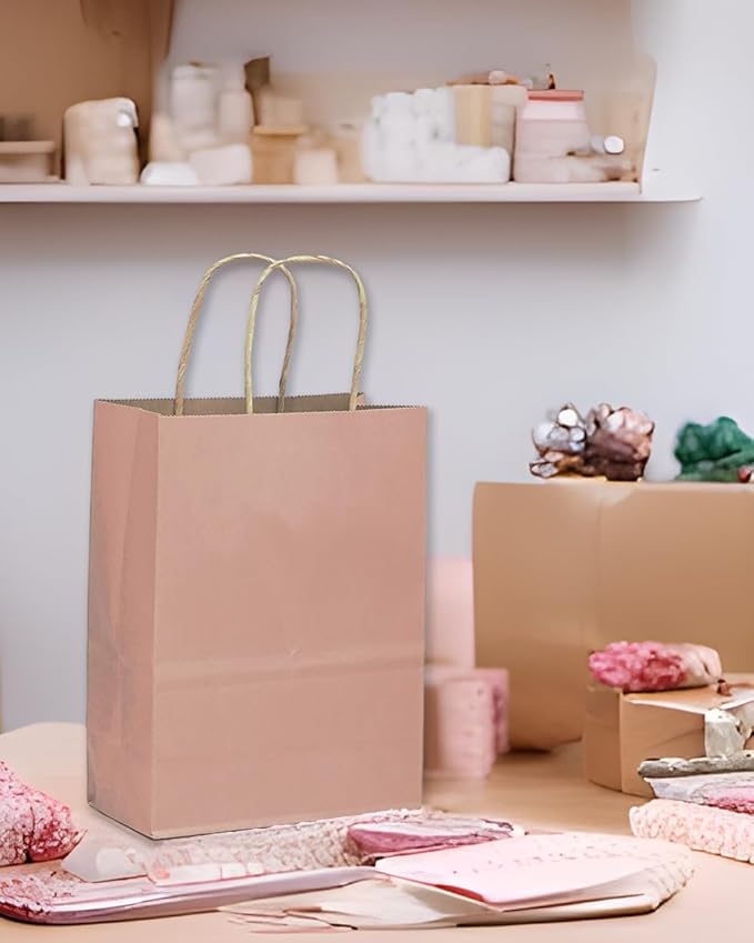 qiqee 32-Packs Cinnamon Pink Paper Gift Bags with Handles Bulk 7.6"x4.75"x10.5" Medium Size Gift Bags Multiple Uses