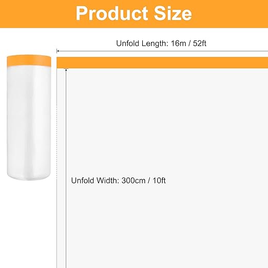 uxcell 2 Rolls Painters Plastic with Tape, 10 x 52 Ft Pre-Taped Masking Film Tape and Plastic Film Paint Plastic Covering Roll for Covering Skirting, Frames and Auto Body, Yellow/Clear