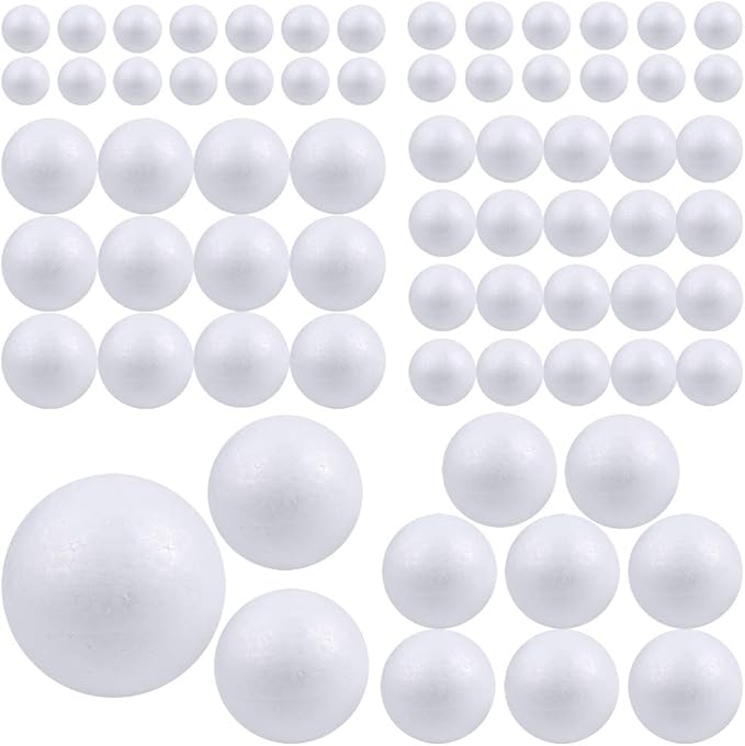 Pllieay 88 White Foam Balls - 6 Sizes, Polystyrene Craft Balls for DIY Art, Household and School Projects
