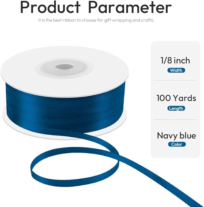 1/8" x 100 Yards Double Faced Satin Ribbon - Thin Silk Navy Blue Ribbon with Spool - Ideal for Gift Wrapping, Floral Bouquets, Crafts, Wedding Party Decorations, Christmas and Sewing Projects