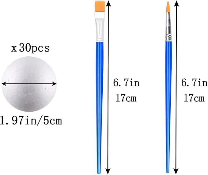 hesmartly 30 Pack Craft Foam Balls,White Polystyrene Smooth Round Balls, 1.97inch Foam Balls and 2 Pieces Painting Brushes for DIY Projects Arts and Crafts Supplies