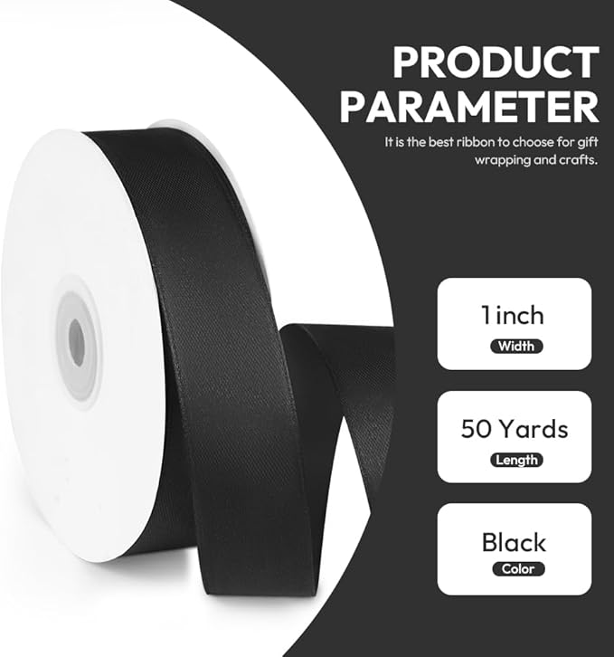 1" x 50 Yards Satin Ribbon - Black Silk Ribbon with Spool - Ideal for Gift Wrapping, Floral Bouquets, Crafts, Wedding Party Decorations, Christmas and Sewing Projects