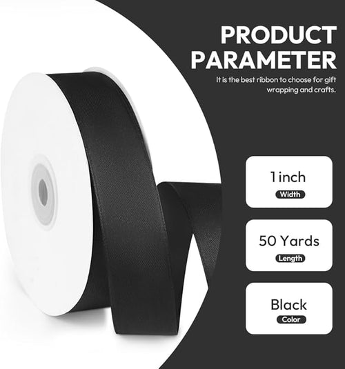 1" x 50 Yards Satin Ribbon - Black Silk Ribbon with Spool - Ideal for Gift Wrapping, Floral Bouquets, Crafts, Wedding Party Decorations, Christmas and Sewing Projects