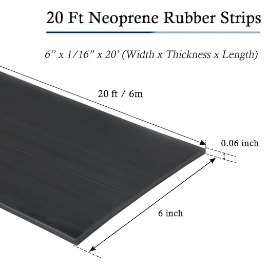 Neoprene Rubber Strips Self Adhesive Solid Rubber Sheets, Rolls & Strips for DIY Gaskets Crafts Pads Seals Warehouse Flooring Neoprene Sheet with Adhesive Backing (6" Wide x 1/16" Thick x 20' Long)