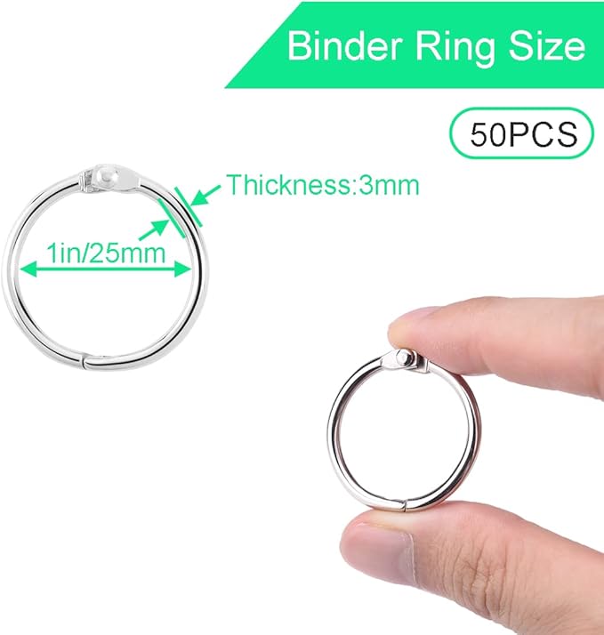 CooBigo Loose Leaf Binder Rings 1 Inch Metal Book Ring Clip for Index Card, Flashcard, Shower Curtain, DMC Embroidery Floss Organizer, Key Chain - Silver(50 Pack)