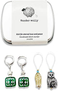 Handmade Stitch Markers for Knitting and Crochet, Two Green Floral Removable Rings, Gold-Edged Fish and Gray Cat Closed Ring, with Storage Case.
