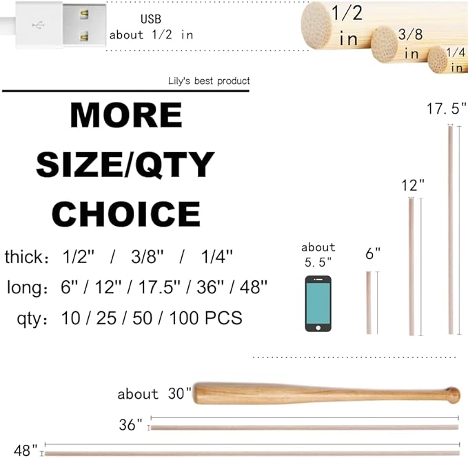HOPELF 50PCS Dowel Rods Wood Sticks Wooden Dowel Rods - 3/8 x 36 Inch Bamboo Sticks - for Crafts，Hardwood Dowel Rod Assortment，Wooden Rod Sticks Doweling Rods，DIYers.