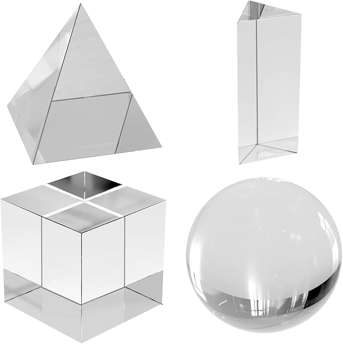 Prism Set, 4 Pack K9 Optical Crystal Photography Prism Set, Include 55mm Crystal Ball, 50mm Crystal Cube, 50mm Triangular Prism, 60mm Optical Pyramid, Gift Box for Teaching, Science, Photography, Play