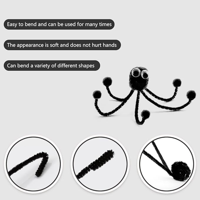 120 Pcs Black Pipe Chenille Stems, Chenille Stems Pipe Cleaners Long Craft Pipe Cleaners Pipe Cleaners for Hair Locs Beginner Creative Crafts Christmas Halloween Decorations
