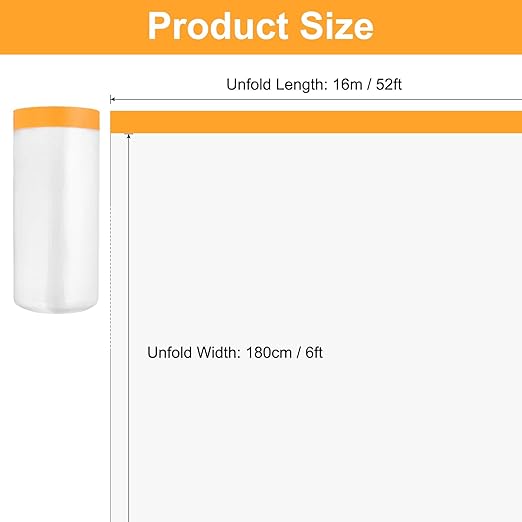 uxcell 6 Rolls Painters Plastic with Tape, 6 x 52 Ft Pre-Taped Masking Film Tape and Plastic Film Paint Plastic Covering Roll for Covering Skirting, Frames and Auto Body, Yellow/Clear