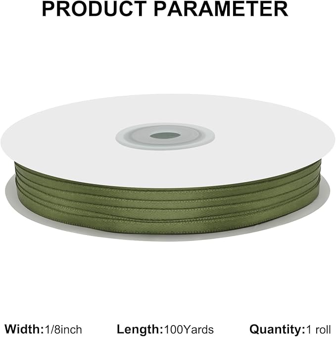 1/8" X 100 Yards Moss Satin Thin Ribbon Solid Color Double Faced Ribbons Perfect for Crafts Wedding Decor Bow Making Arts Sewing and More