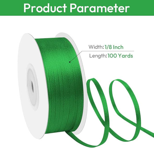 1/8" Width x 100 Yards Satin Ribbon, Small Green Ribbon Perfect for DIY Craft, Bows, Gift Wrapping, Flower Bouquet, Valentine's Day, Christmas and Party Decoration