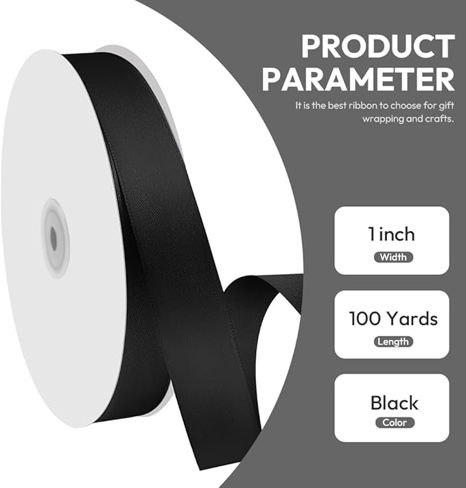 1" x 100 Yards Satin Ribbon - Black Silk Ribbon with Spool - Ideal for Gift Wrapping, Floral Bouquets, Crafts, Wedding Party Decorations, Christmas and Sewing Projects