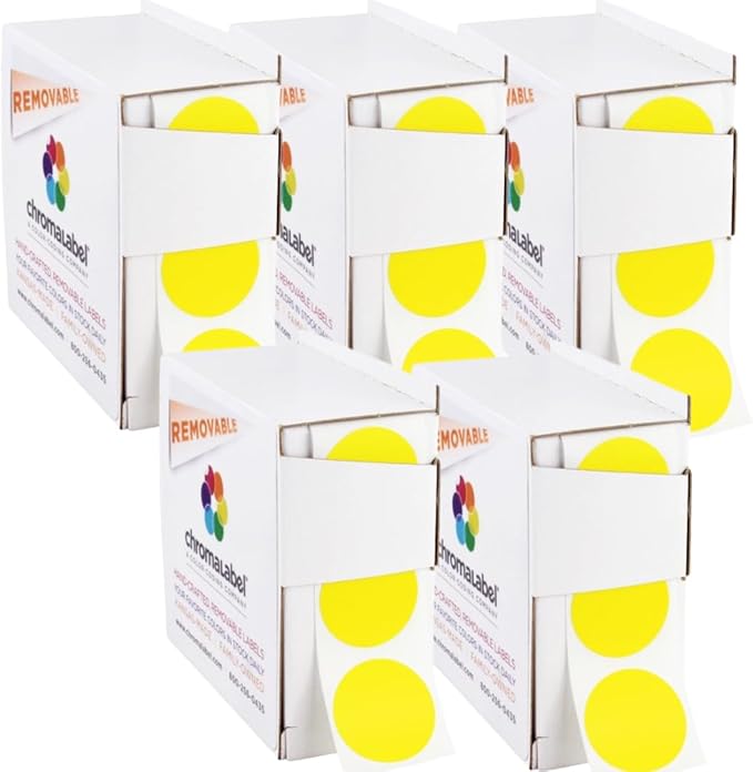ChromaLabel 1 Inch Round Label Removable Color Code Dot Stickers, Easy to Write On Sticky Dots, 1000 Labels per Dispenser Box, Yellow - Case of 5