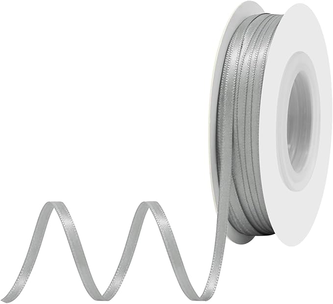 Silver Satin Ribbon 1/8" X 50 Yards Solid Color Double Faced Ribbons Perfect for Crafts Wedding Decor Bow Making Arts Sewing and More