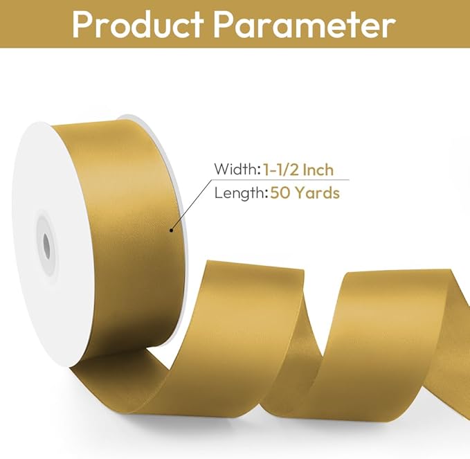 1-1/2" Width x 50 Yards Satin Fabric Ribbon, Gold Ribbon Perfect for DIY Bows, Swags, Gift Wrapping, Craft, Flower Bouquet，Christmas and Party Decoration
