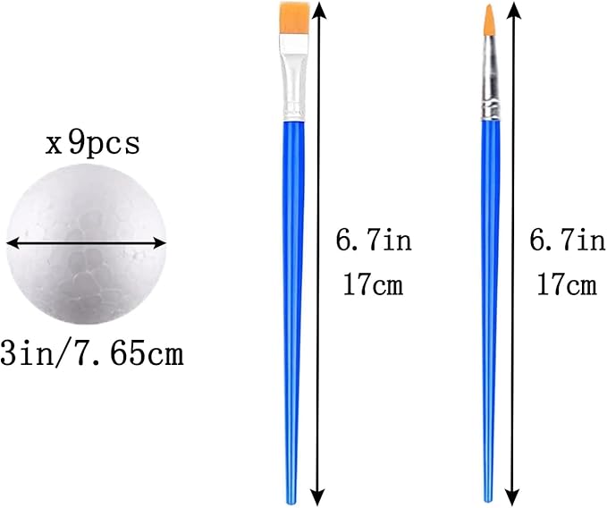 hesmartly 9 Pack 3 Inch Craft Foam Balls,White Polystyrene Smooth Round Balls and 2 Pieces Painting Brushes for DIY Projects Arts and Crafts Supplies