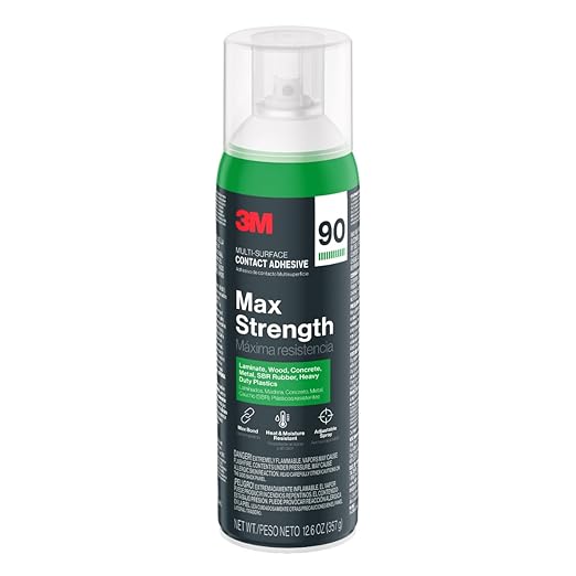 3M Max Strength 90 Contact Adhesive Spray, 12.6 oz (Pack of 12) – Low VOC Heavy Duty Glue with Adjustable Nozzle, Heat & Water Resistant Bond for Metal, Wood, Plastic, Laminate, Concrete