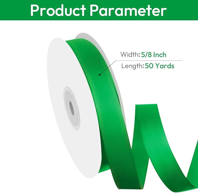 5/8" Width x 50 Yards Satin Fabric Ribbon, Green Ribbon Perfect for DIY Bows, Swags, Gift Wrapping, Craft, Flower Bouquet，Christmas and Party Decoration