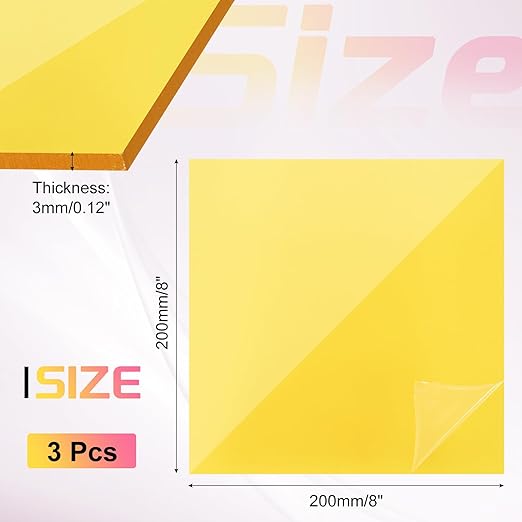 uxcell 3Pcs Acrylic Sheets 8x8 Inch Acrylic Panel 1/8 Inch-3mm Plastic Board for Picture Frames Sign Holders DIY Display Projects Craft, Clear Yellow