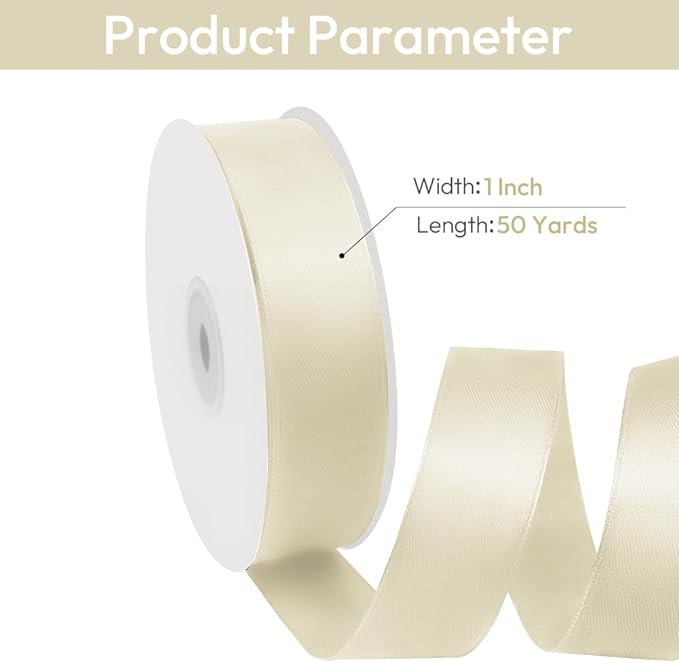 1" Width x 50 Yards Satin Fabric Ribbon, Ivory Ribbon Perfect for DIY Bows, Swags, Gift Wrapping, Craft, Flower Bouquet，Christmas and Party Decoration