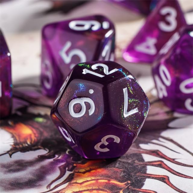 7-Die DND Dice Set Polyhedral Dice Set with a Leather Bag, D&D Dice Set for Dungeons and Dragons, RPG Table Games (T/Purple)
