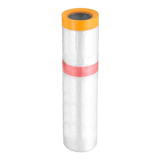 HARFINGTON Pre-Taped Masking Film 126" x32.8ft Double Adhesive Tape and Drape Painters Plastic Drop Cloth Film with Tape Plastic Sheeting for Automotive Painting Covering