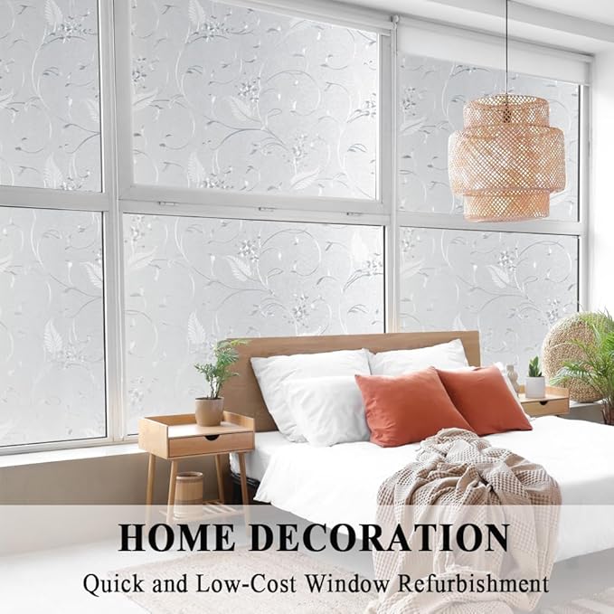 Mikomer Privacy Window Film Etched Flowers Static Cling Glass Door Film, Non Adhesive Heat Control Anti UV Window Cling for Office and Home Decoration,23.6 inches by 78.7 inches