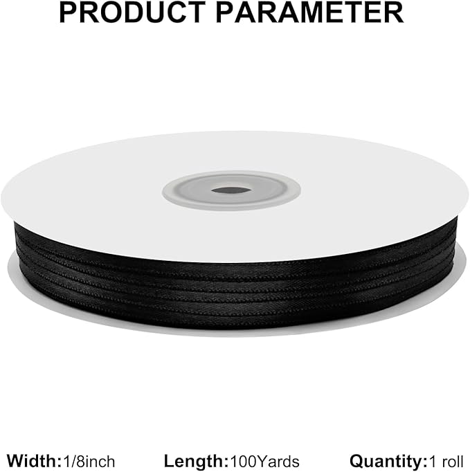 1/8" X 100 Yards Black Satin Thin Ribbon Solid Color Double Faced Ribbons Perfect for Crafts Wedding Decor Bow Making Arts Sewing and More