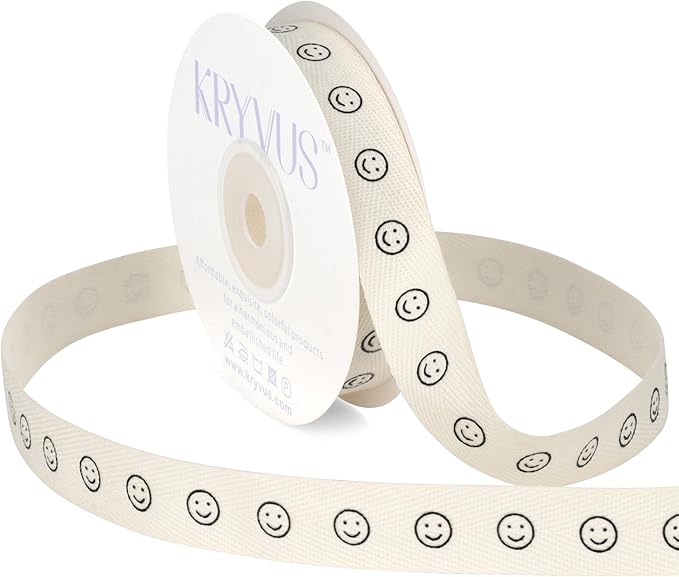 Smiley Faces Ribbon - 5/8 Inch x 12 Yards Natural Twill Tape Ribbon, Cotton Herringbone Ribbons for Gift Wrapping, Birthdays, Weddings, Christmas, Anniversaries, Valentine's Day, Mother's Day