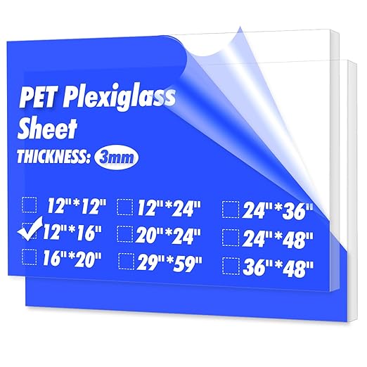 Art3d (2 Pack) 1/8" Thick Plexiglass Sheets - 16" x 12" PET Clear Sheets for Art Design, Craft Projects, Signs, DIY in Home, Wedding, Festival,Party,Office