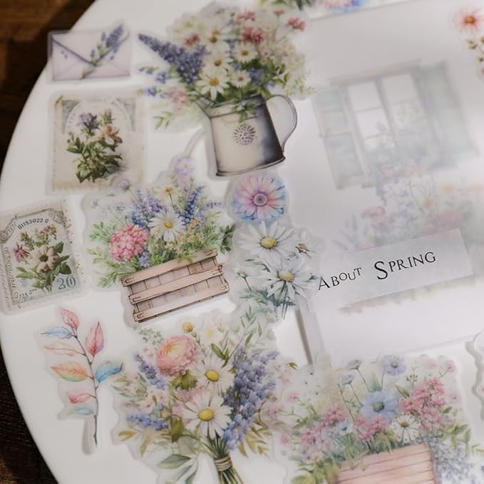 Vintage Vellum Stickers Floral Plants Elements Scrapbooking Supplies Flowers Botanic Natural Translucent Paper Self-Adhesive Junk-Journal Items (Spring Bouquet)