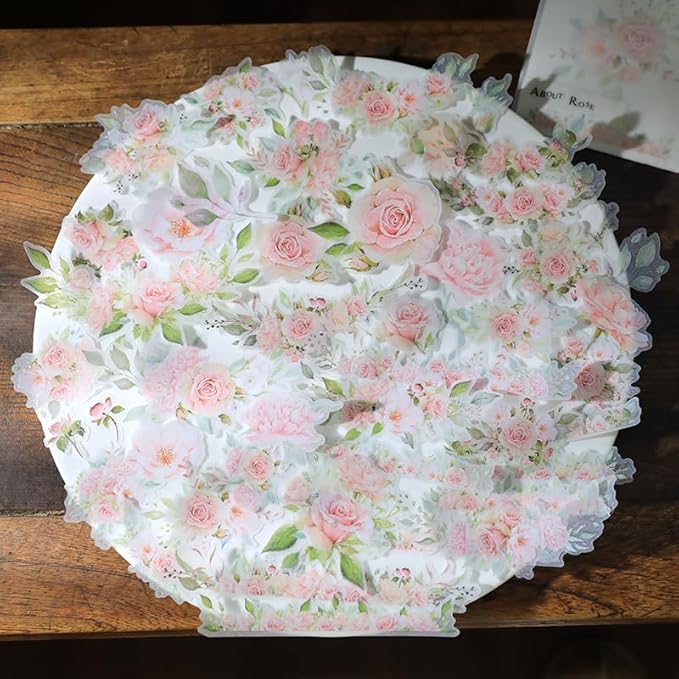 Vintage Vellum Stickers Floral Plants Elements Scrapbooking Supplies Flowers Botanic Natural Translucent Paper Self-Adhesive Junk-Journal Items (Rose)