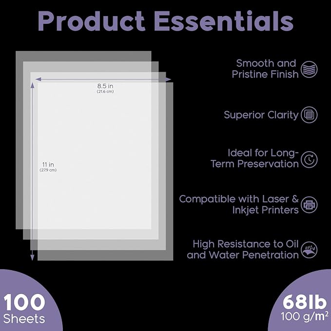 Vellum Paper 8.5 x 11 Translucent Printable, 100 Sheet（100gsm/68lb Vellum Tracing Paper, Translucent Vellum Paper for Invitation, Greeting Cards, Tracing Paper Pad for Drawing, Sketching, Writing