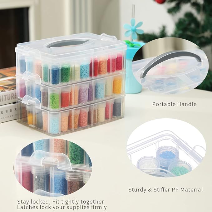 Douorgan 3-Tier Diamond Painting Storage Containers Portable Bead Organizer and Storage Box Stackable Arts & Crafts Organizers for Nail Charms Seed, 132 Round, Funnel, Stickers