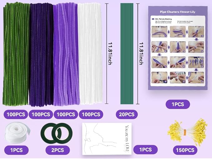 400PCS Purple Pipe Cleaners Bulk – 4 Colors Chenille Stems for Crafts, DIY Art Supplies, Fuzzy Sticks for Crafting Flowers, Wedding & Valentine's Day Decorations, Kids School Craft Kit