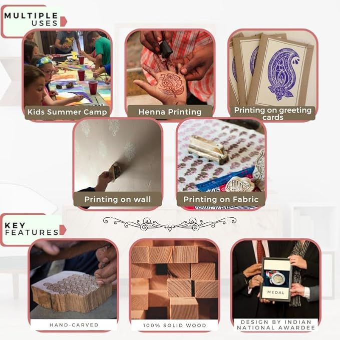 Hashcart Wooden Stamp Block, Printing Stamp Design Set | Block for Printing Saree Border | Dresses, Craft Card Making, Scrapbook, Clay Pottery | Set of 5