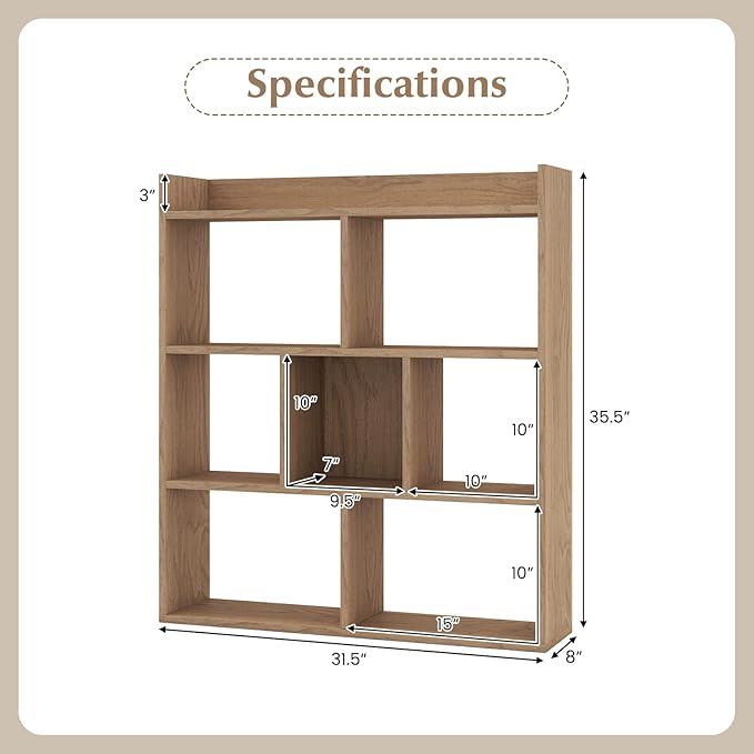Giantex 7 Cubes Bookshelf, Free-Standing Wooden Bookcase, 4 Tier Home Display Shelf, Horizontal Storage Unit w/Anti-Toppling Devices, Open-Back Display Rack for Study, Living Room (1, Natural)