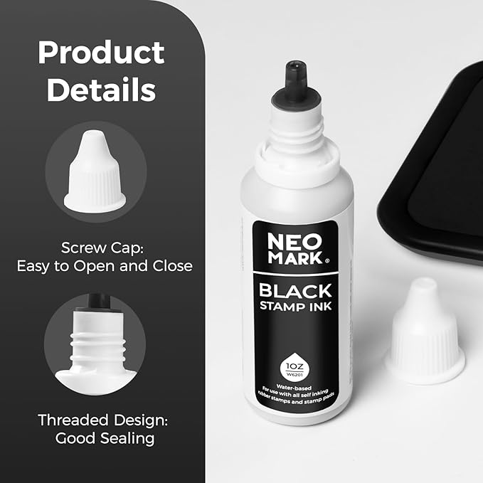 Premium Stamp Ink, Quick-Drying and AP-Certified Non-Toxic Refill Ink for Self-Inking Stamps, Date Stamps and Stamp Pads(Black, 1oz)