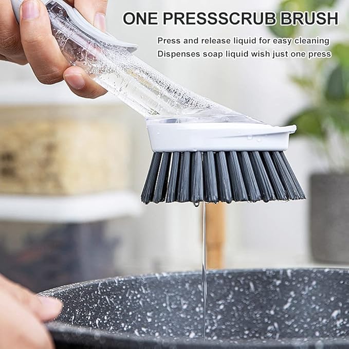 Soap Dispensing Dish Brush with 4 Replaceable Heads, Updated No Leaking Soap Dish Scrubber Soap Dispenser, Kitchen Dish Brush with Soap Dispenser for Pot Pan Sink Cleaning(Light Gray)