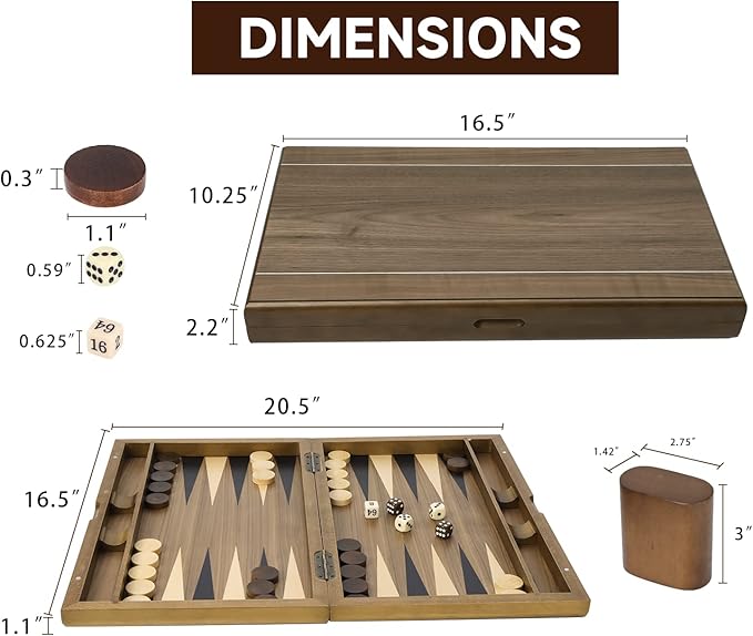 GSE Games & Sports Expert Premium Wooden Folding Inlay Backgammon Board Set, Classic Traditional Strategy Board Games (Double Stripe- 17 Inches)